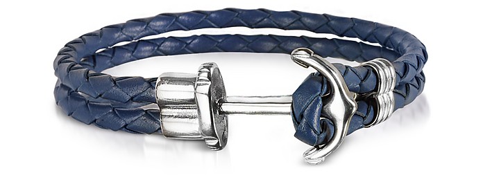 Navy Blue Leather Men's Bracelet w/Anchor - Forzieri