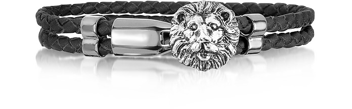 Lion Stainless Steel and Leather Men's Bracelet - Forzieri