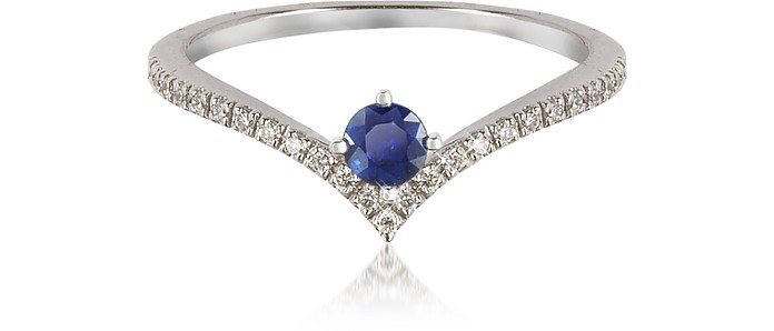 V-Shaped Diamonds Band Ring with Natural Round Sapphire - Forzieri