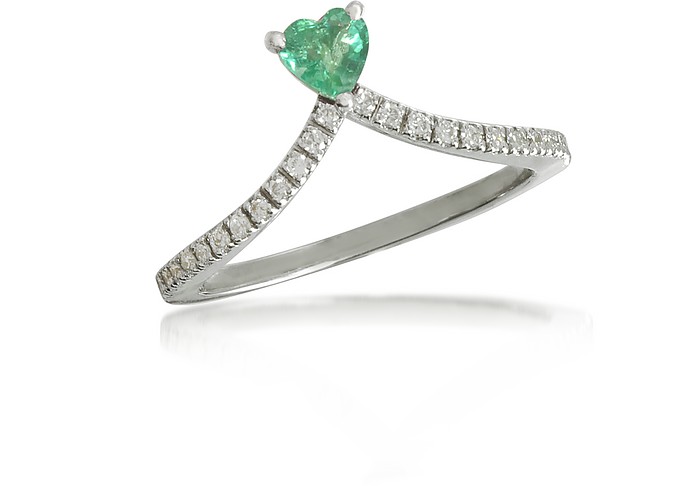 Emerald Heart V-Shaped Diamonds Band Ring - Forzieri