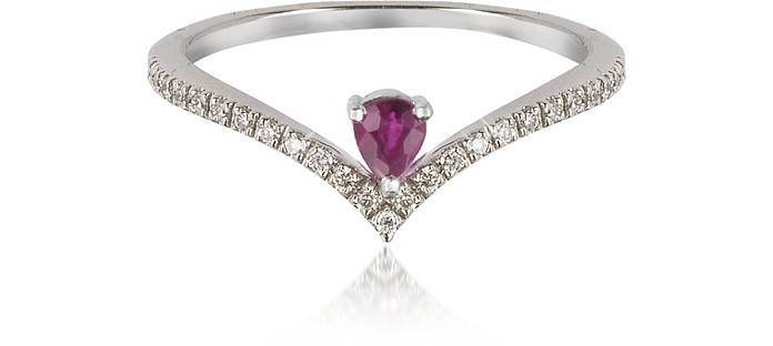 V-Shaped Diamonds Band Ring with Enclosed Drop Ruby - Forzieri