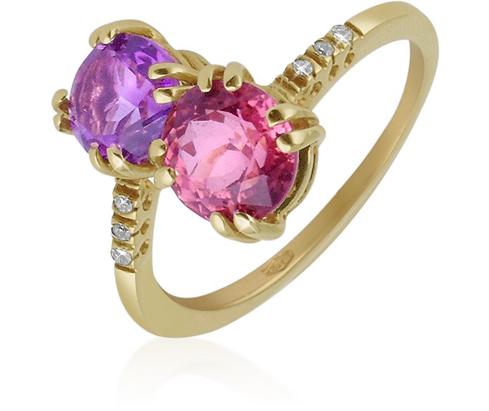 Double Gemstone and Diamond Yellow Gold Ring - Forzieri