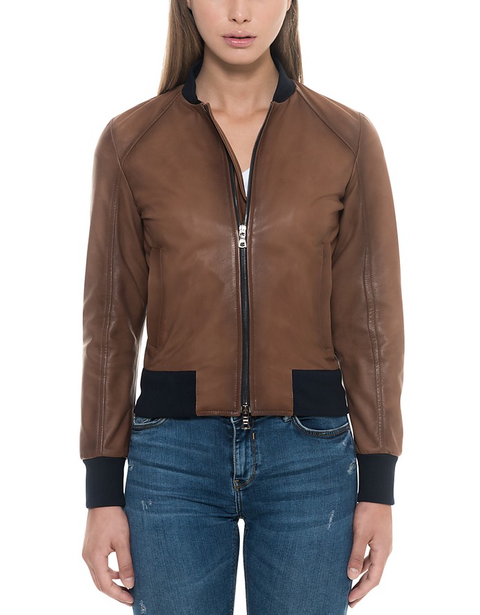 Brown Leather Women's Bomber Jacket - Forzieri