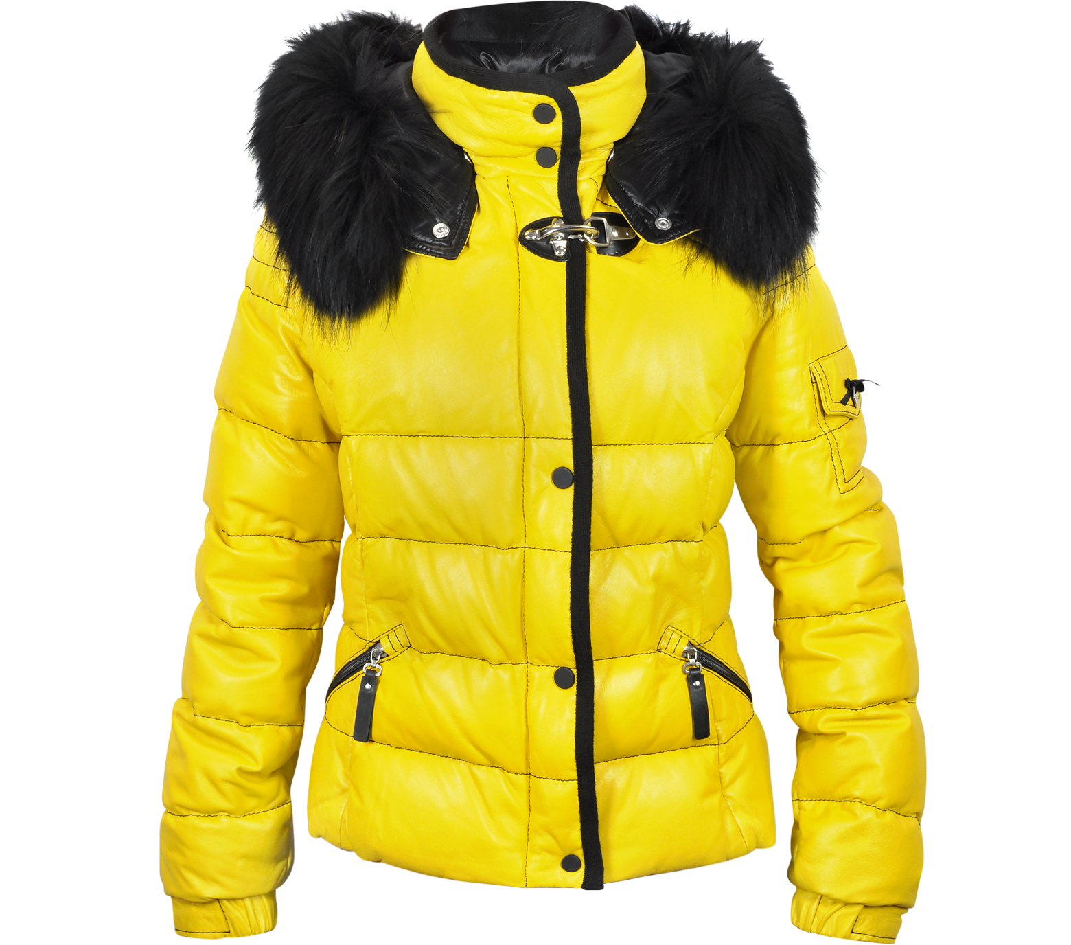 yellow puffer jacket with fur hood