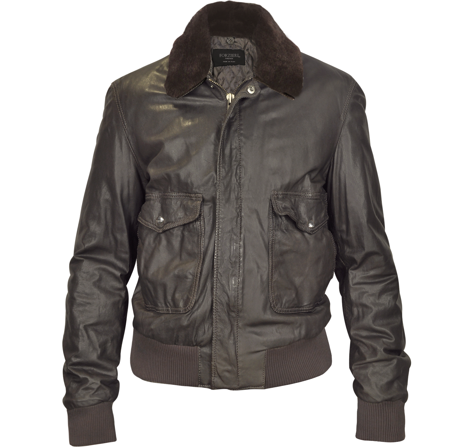 Forzieri Dark Brown Leather Bomber Jacket w/ Removable Sheepskin Collar ...