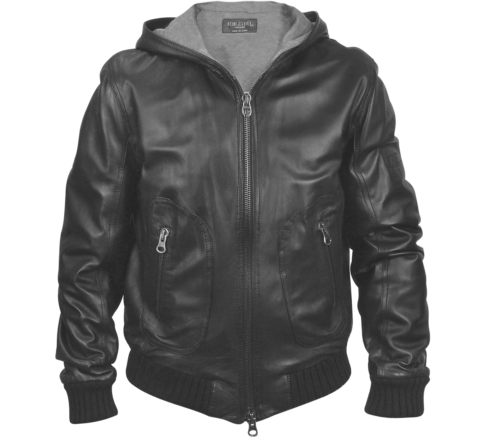 Forzieri Men's Black Leather Hooded Jacket 36