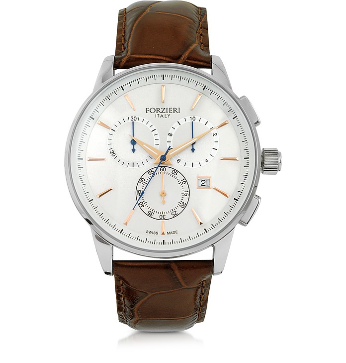 Viareggio Silver Tone Stainless Steel Case and Brown Embossed Leather Men's Chrono Watch - Forzieri