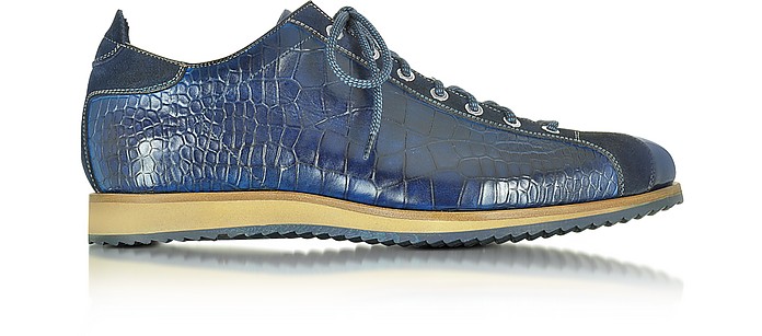Sneakers Basses Homme en Cuir Artisanal Italien Imprimé Croco et Suède Bleu Indigo - Forzieri
