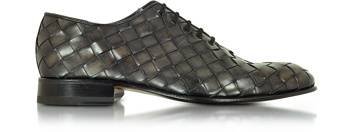 Chaussures Oxford en Cuir Artisanal Italien Tissé Gris Cendre - Forzieri