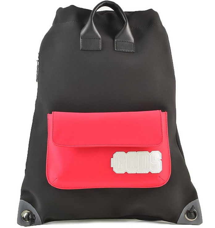 Black & Neon Pink Top Handle Drawstring Backpack - GCDS