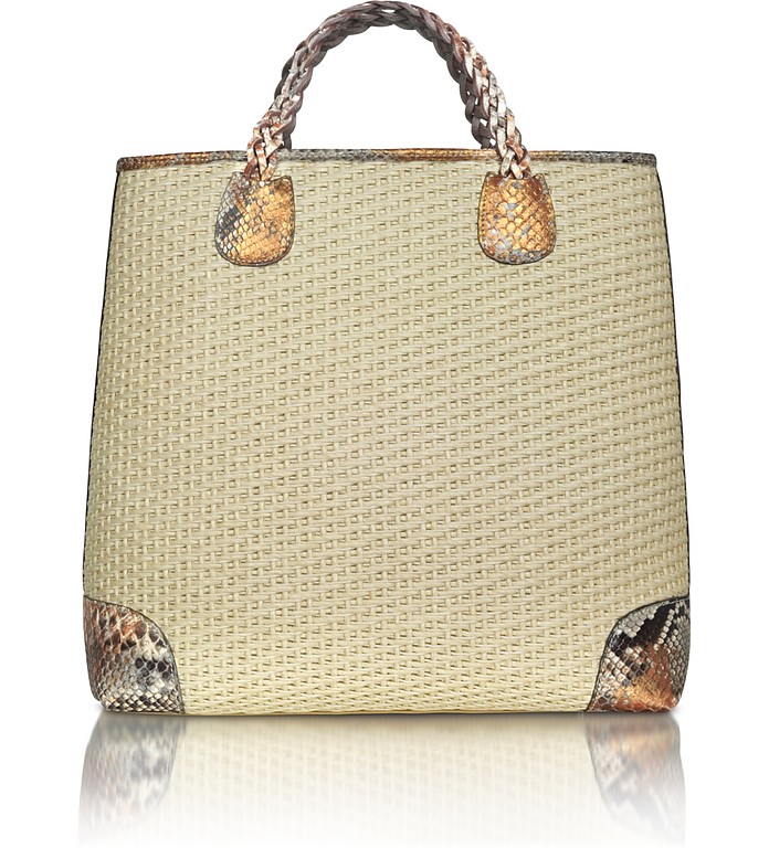 Straw and Python Leather Tote - Ghibli
