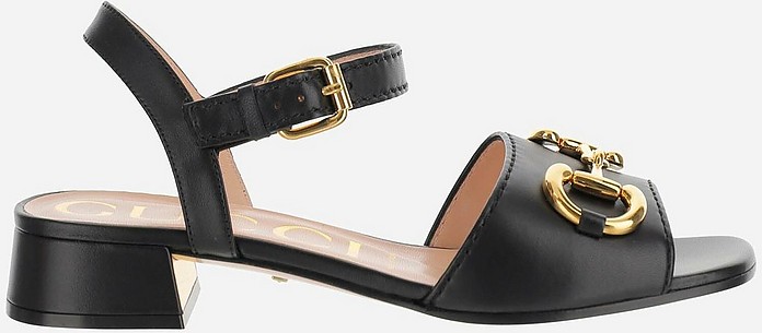 Black Leather Mid Heels Sandals - Gucci