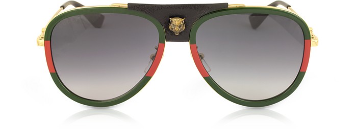GG0062S Aviator Gold Metal and Black Leather Sunglasses  - Gucci