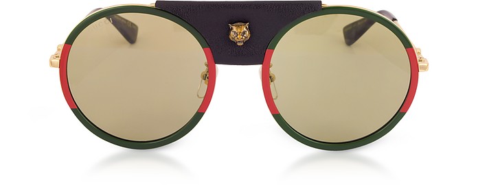 GG0061S Round-frame Gold Metal and Black Leather Sunglasses w/Sylvie Web Trim  - Gucci
