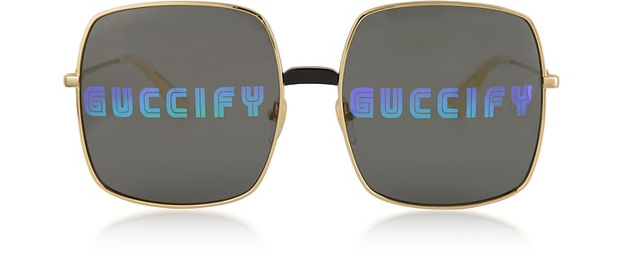 Rectangular-frame Metal Sunglasses w/Guccify Print - Gucci