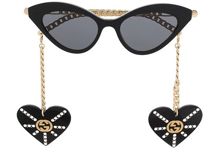 Black Cat-Eye frame Acetate Women's Sunglasses w/Charms - Gucci