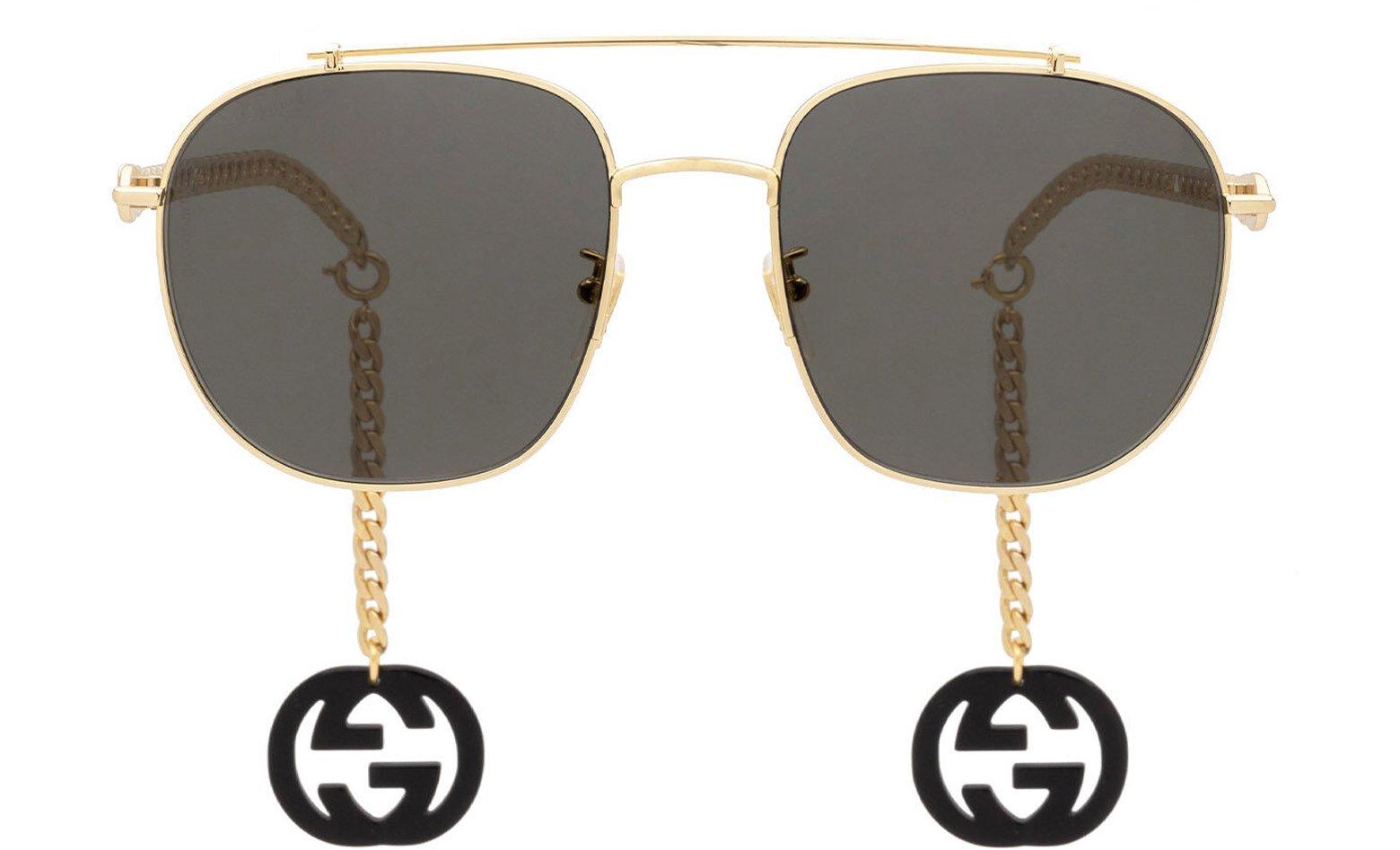 Gucci Gold/Grey Metal Square-Frame Men's Sunglasses w/Charm at FORZIERI