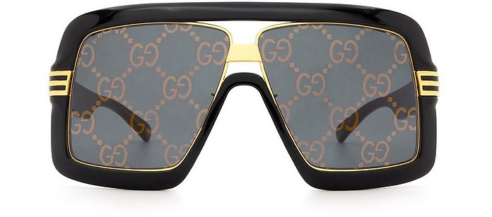 Black Acetate and Gold Metal Oversized Frame Men's Sunglasses - Gucci