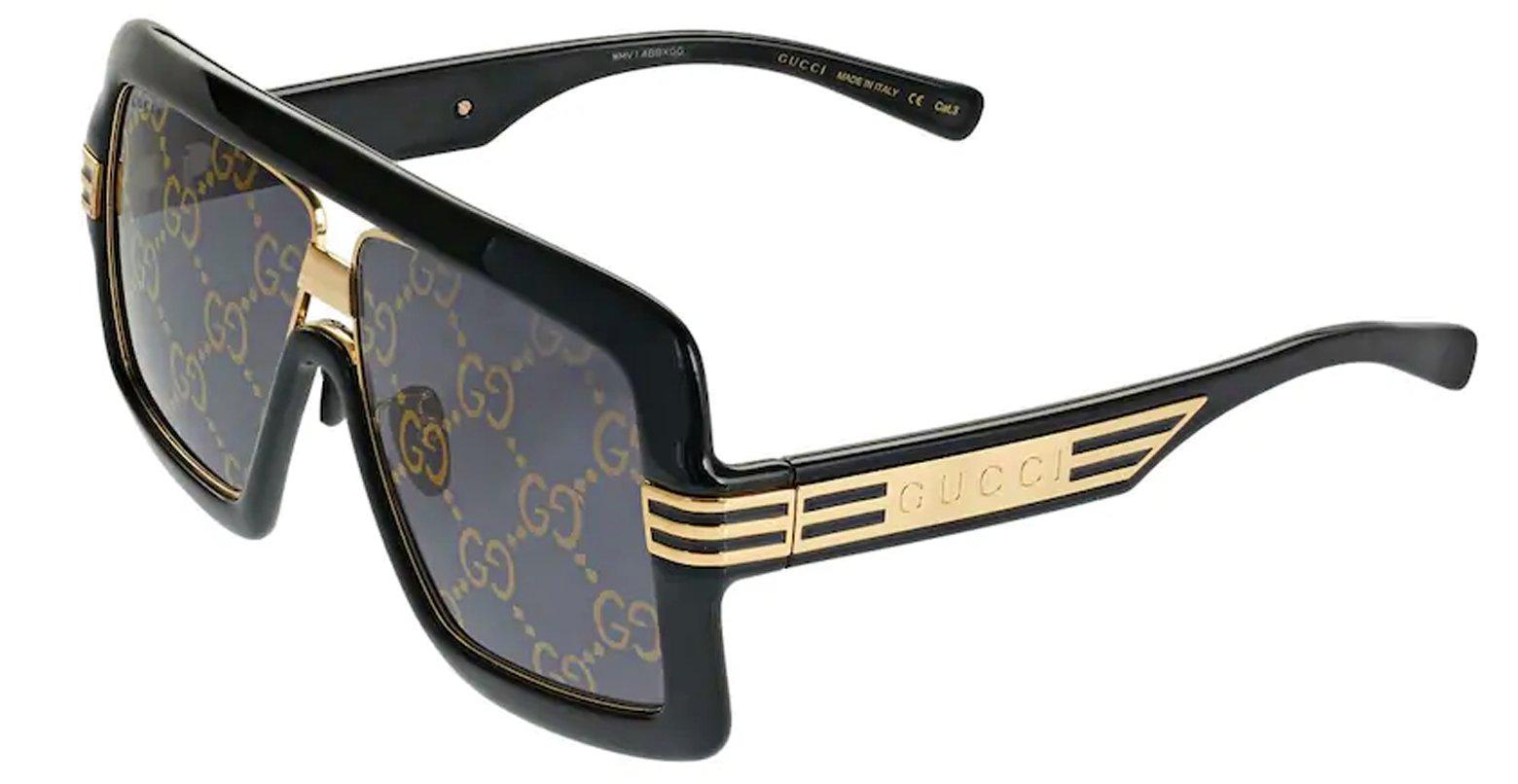 Gucci Black/Grey Black Acetate and Gold Metal Oversized Men's Sunglasses at FORZIERI