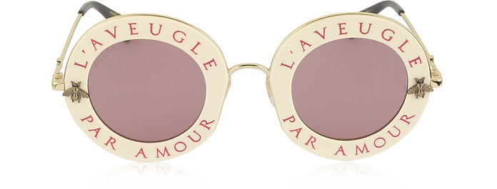 GG0113S Acetate and Gold Metal Round Women's Sunglasses  - Gucci