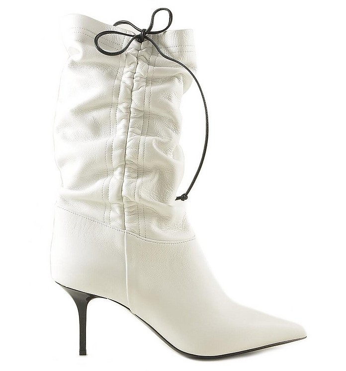 White Leather Drawstring High Heel Boots - MSGM