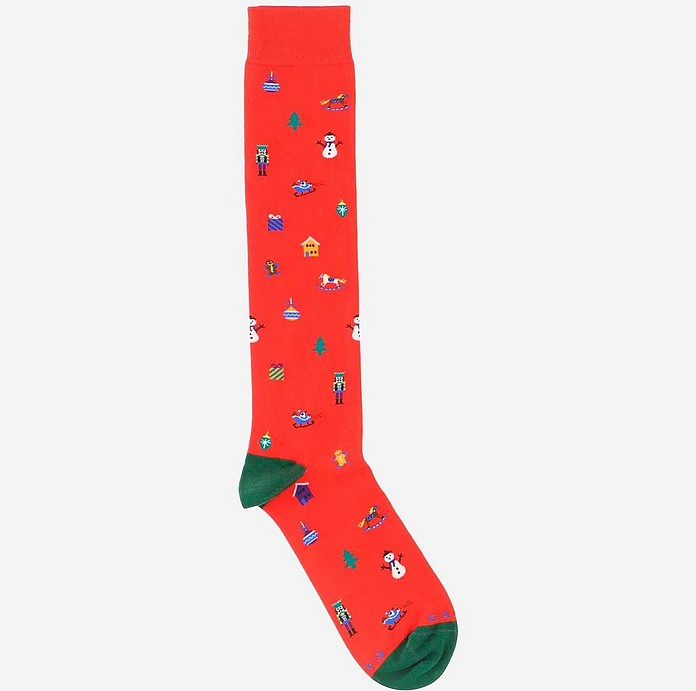 Orange Cotton Men's Long Socks w/Christmas Details - Gallo