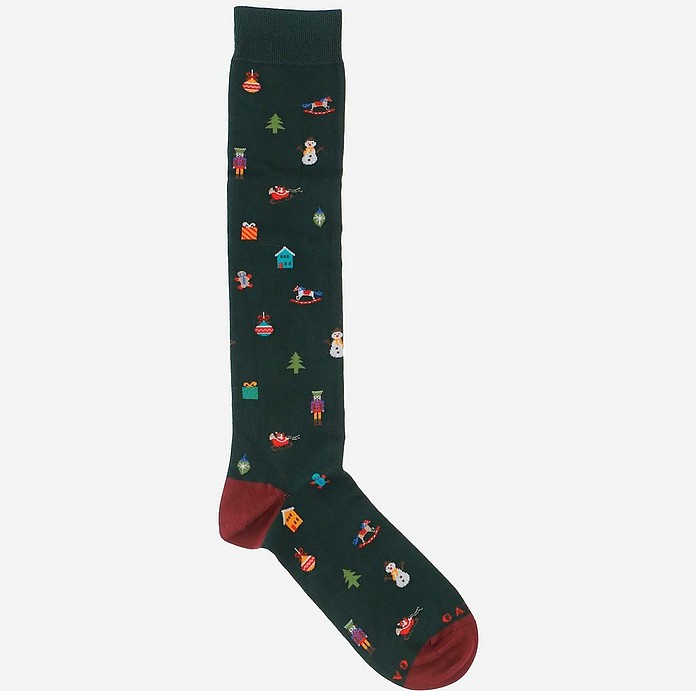 Dark Green Cotton Men's Long Socks w/Christmas Details - Gallo