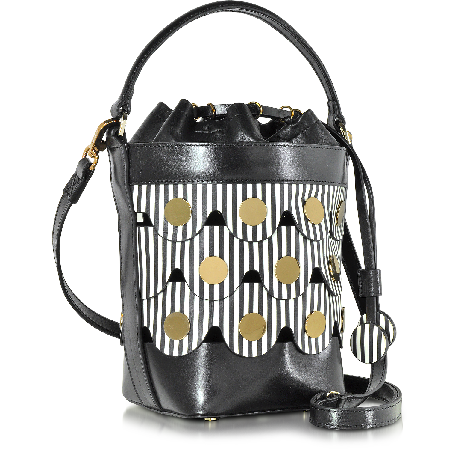 Pierre Hardy Black & White Stripes Leather Penny Bucket Bag at FORZIERI