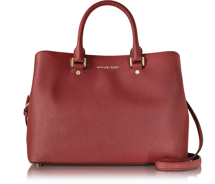 Michael Kors Savanna Cherry Red Saffiano Leather Large Satchel Bag at ...