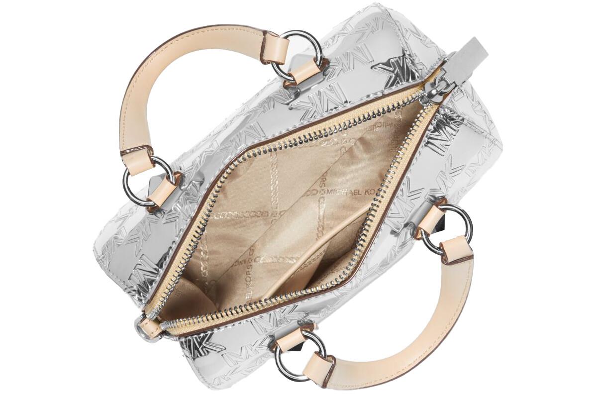 Michael Kors Grayson Small Duffle Signature Embossed Logo Metallic Crossbody Bag - Silver
