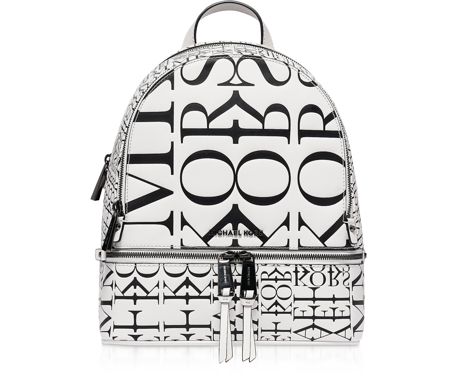 Michael Kors Black/White Rhea Medium Backpack w/ Newsprint Logo at FORZIERI