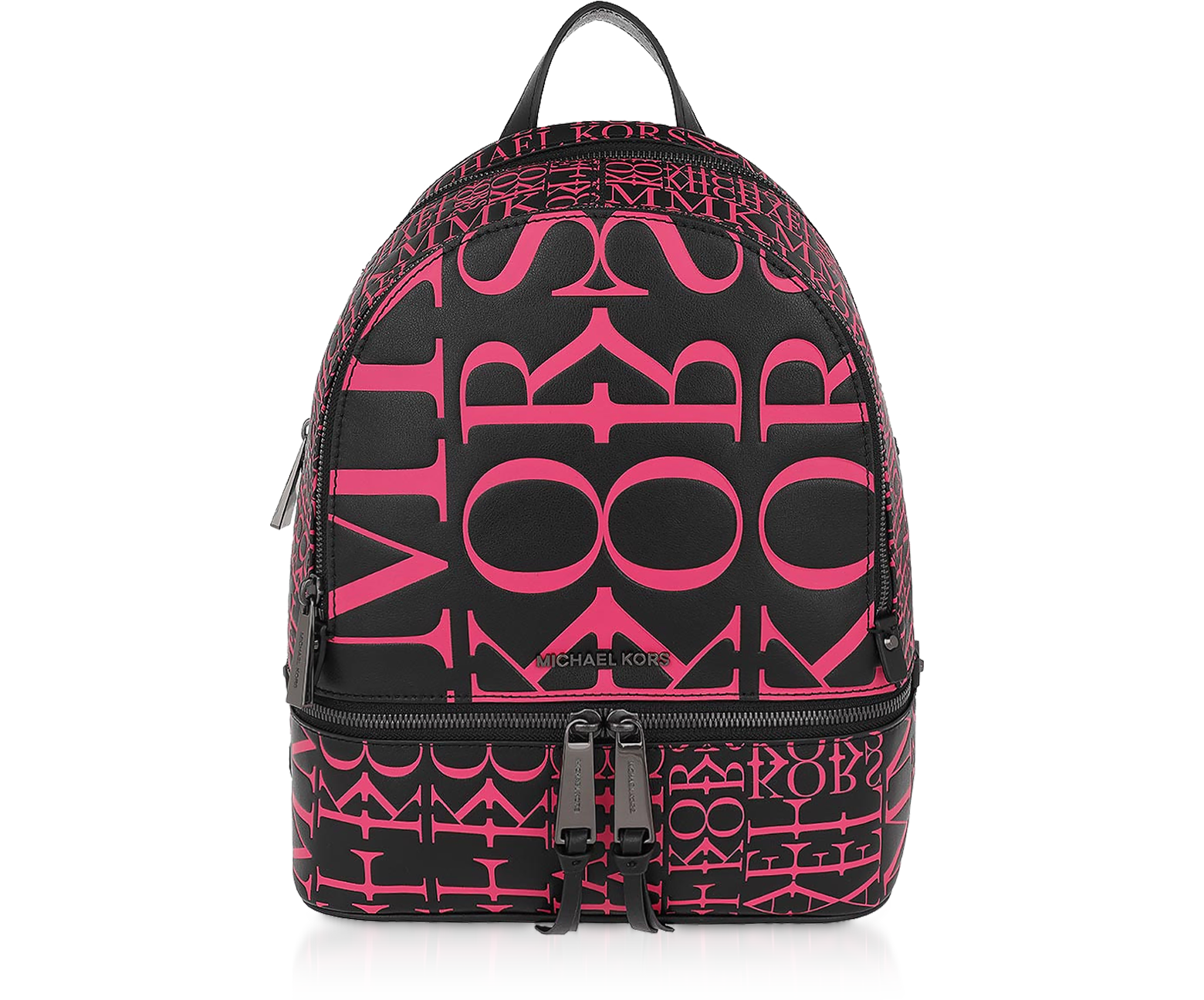 Michael Kors black / pink Rhea Medium Backpack w/ Newsprint Logo at FORZIERI