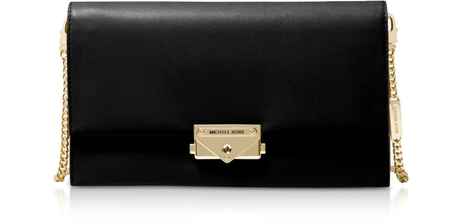 Michael Kors Cece Black Leather Long Gold Chain Clutch Handbag