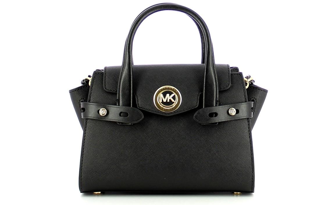 Michael Kors Black Carmen Extra-Small Saffiano Leather Belted Satchel Bag  at FORZIERI