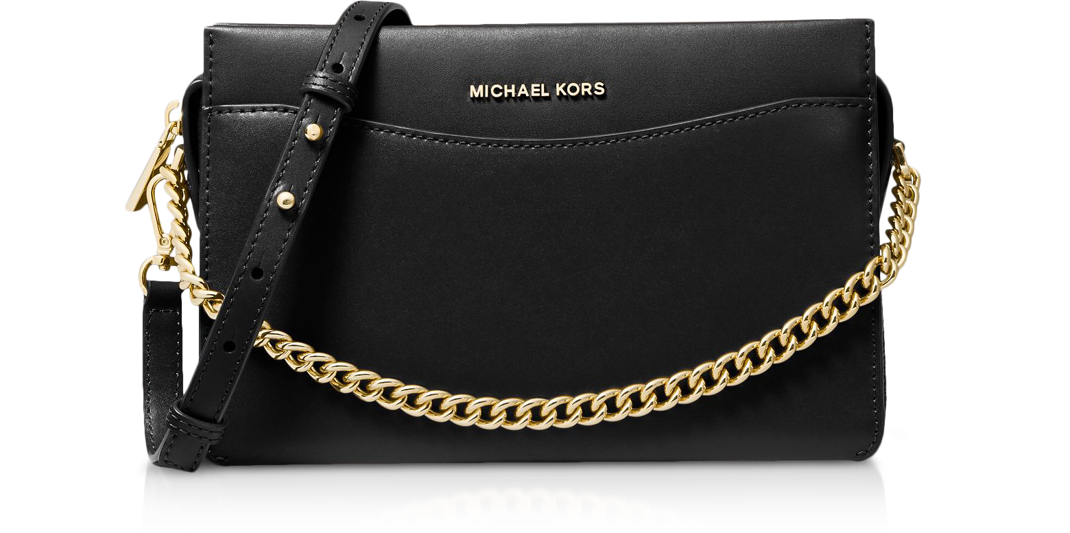 Michael Kors Jet Set Large Zip Chain Crossbody Bag Shoulder Black Leather Gold