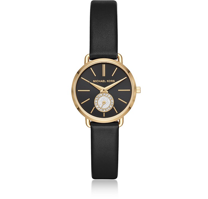 Petite Portia Gold Tone and Black Leather Watch - Michael Kors
