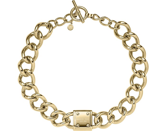 Michael Kors Heritage Gold Tone Logo-Plaque Curb-Chain Necklace at FORZIERI