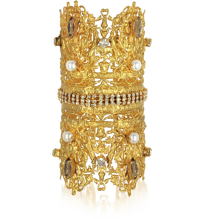 Golden Brass Double Crown Cuff Bracelet w/Glass Pearls - Sara Bencini