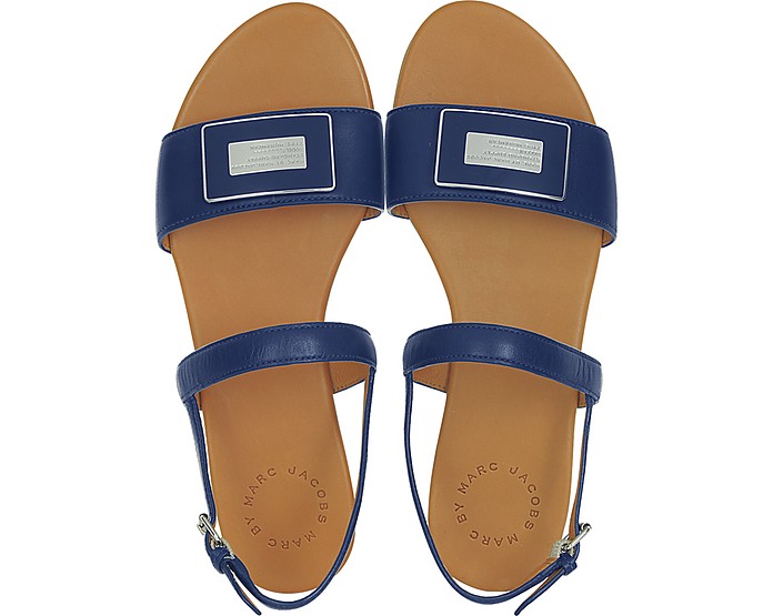 Marc by Marc Jacobs Blue Flat Leather Logo Sandal 39 IT/EU at FORZIERI
