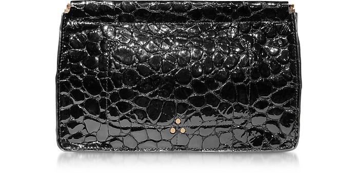 Popoche Clic Clac Black Croco Embossed Patent Leather Clutch - Jerome Dreyfuss