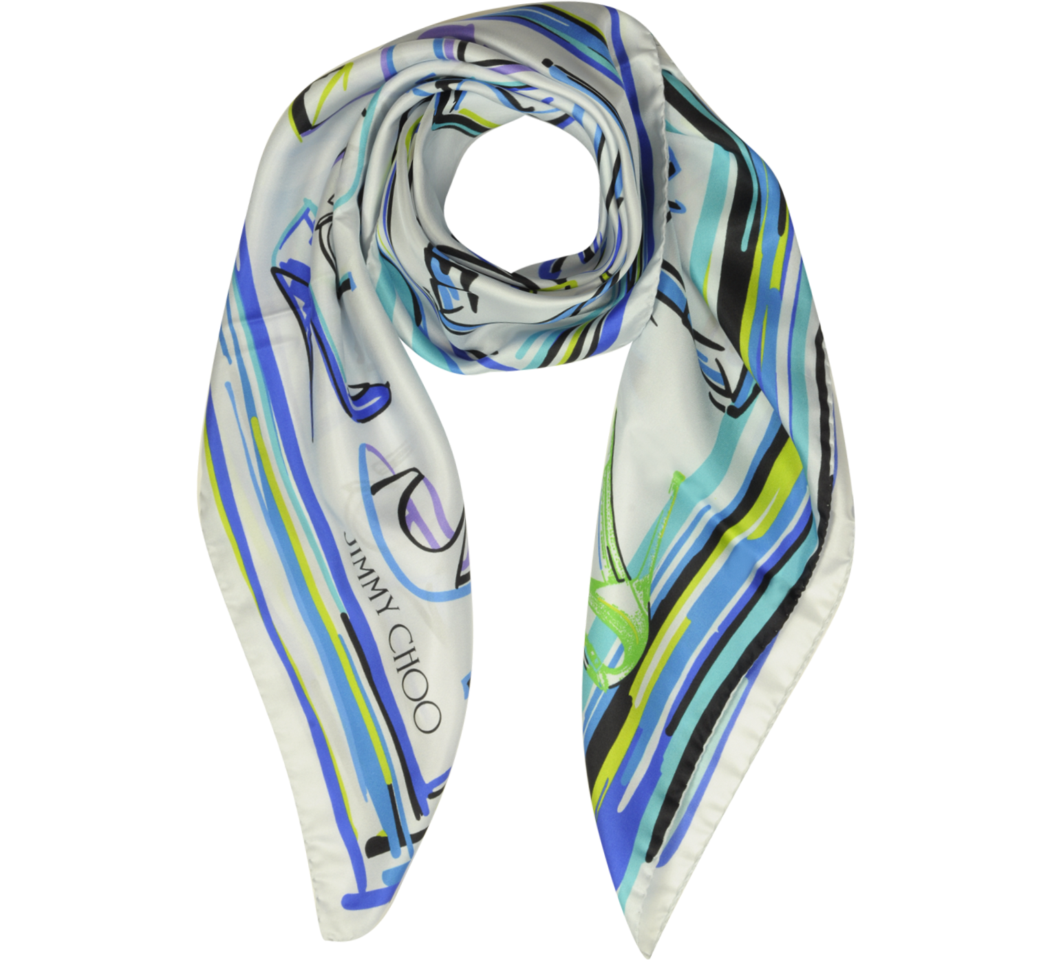 Jimmy Choo Petrol Mix Shoes Printed Twill Silk Square Scarf at FORZIERI