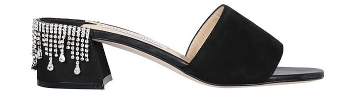 Minea Black Crystals Mid-Heel Slide Sandals - Jimmy Choo