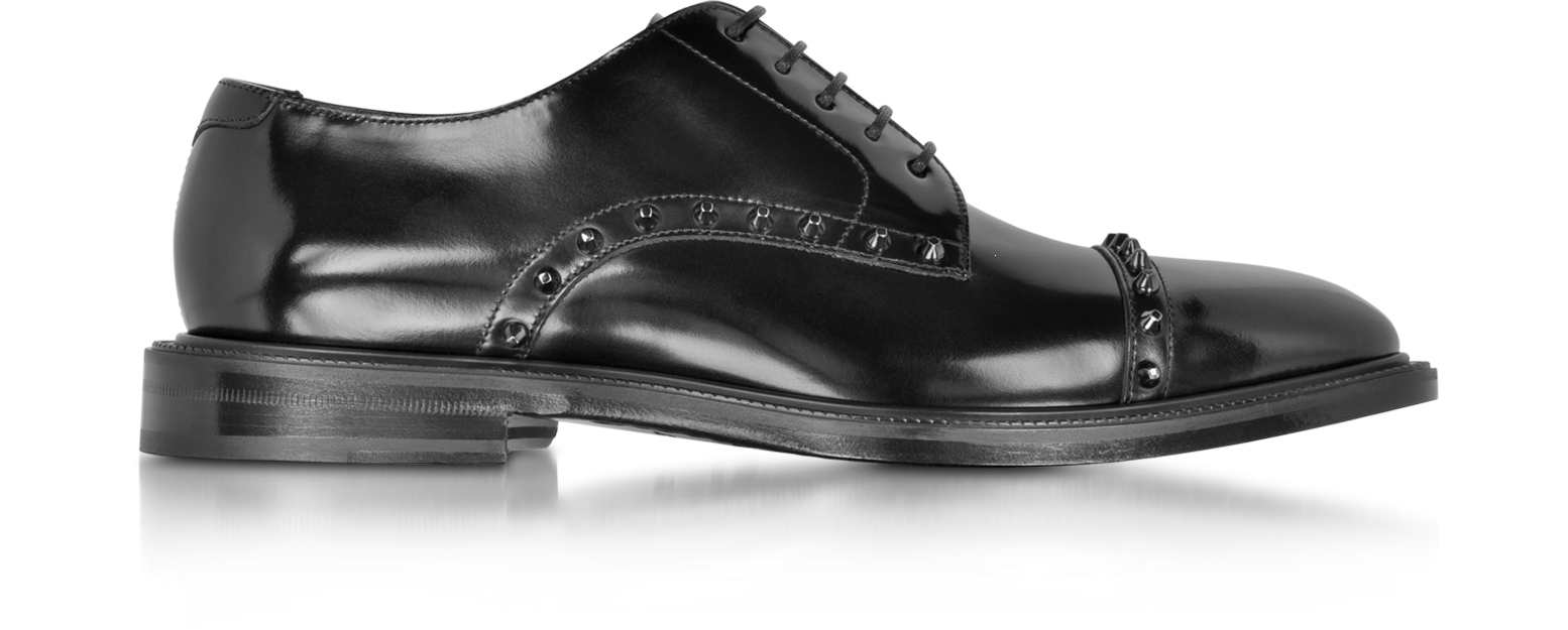 Jimmy Choo Penn Black Shiny Leather Lace Up Derby Shoe w/Gunmetal Studs