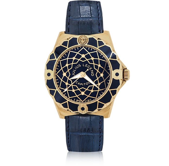 Capitol - Uhr mit 18k Gold & blauem Armband aus Krokodilleder - Julius Legend