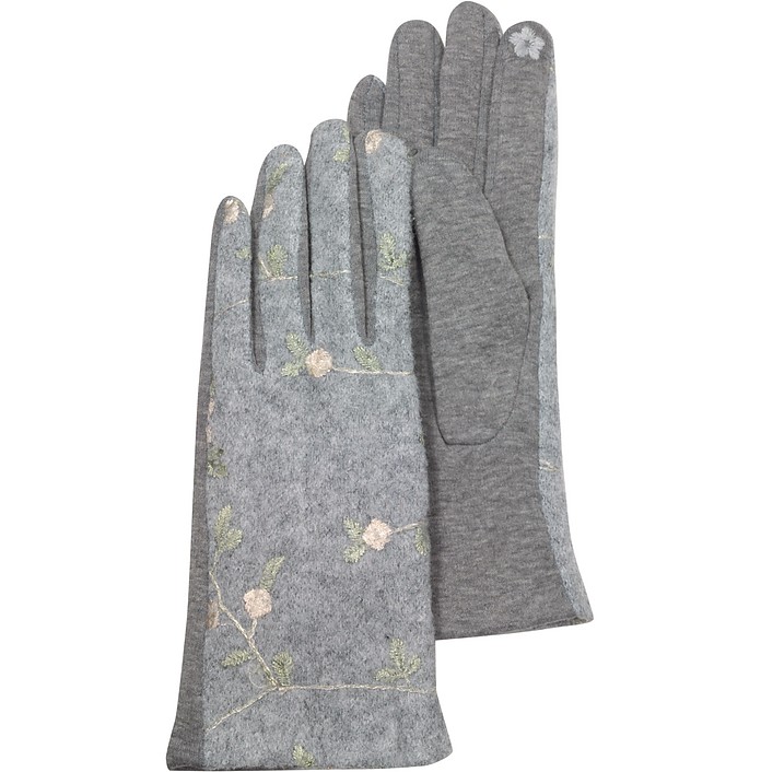 Pearl Gray Floral Embroidered Touchscreen Women's Gloves - Julia Cocco'