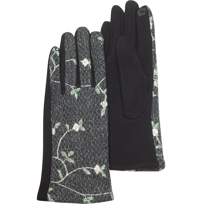 Dark Gray/Black Floral Embroidered Touchscreen  Women's Gloves - Julia Cocco'