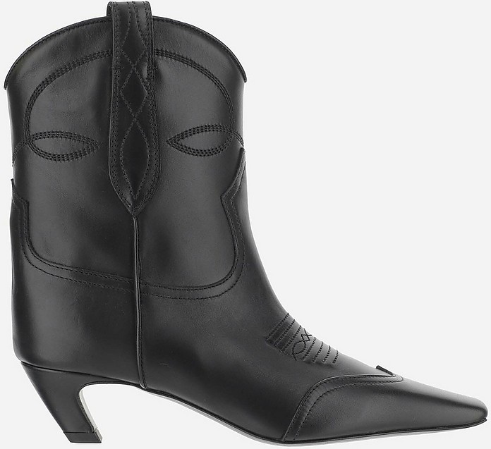 Black Smooth Leather Mid Heel Cowboy Boots - Khaite
