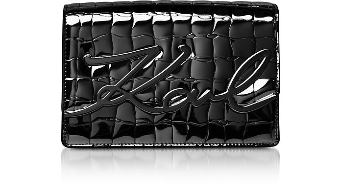 Black Croco Leather Shoulder Bag w/ Signature - Karl Lagerfeld