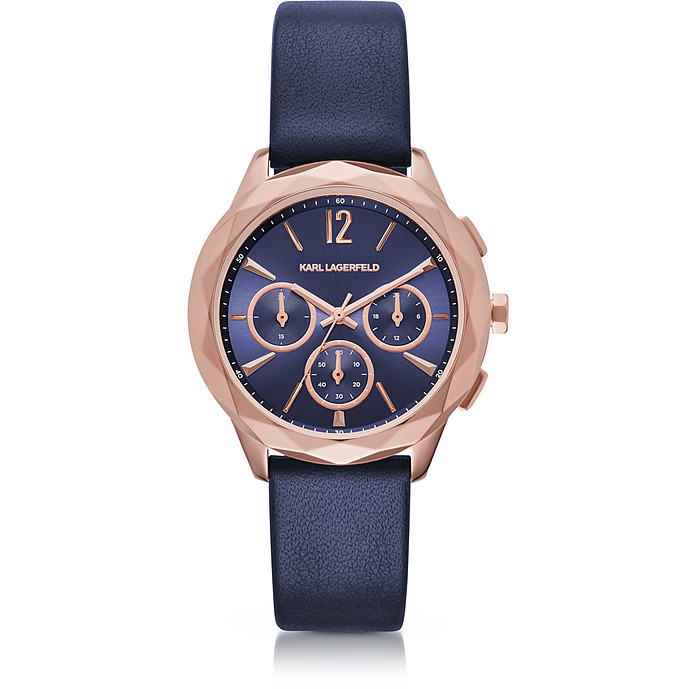 Optick Reloj Cronógrafo para Mujer de Acero Inoxidable Oro Rosa con Correa de Cuero Azul Oscuro - Karl Lagerfeld