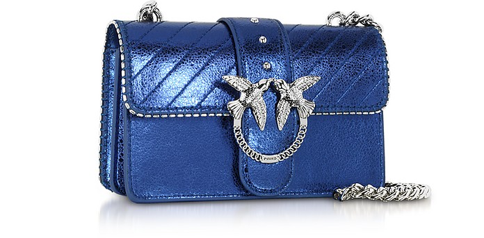 Pinko Blue Mini Love Metallic Quilted Leather Shoulder Bag at FORZIERI